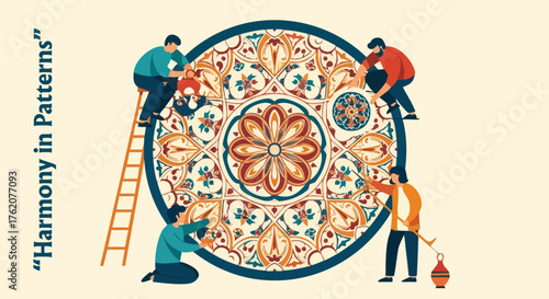 Team assembling intricate floral mandala design together in collaborative effort