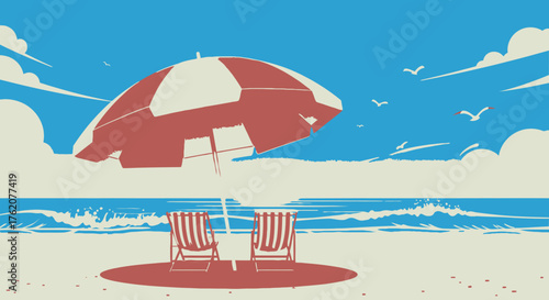 Tranquil beach scene with umbrella and chairs under blue summer sky