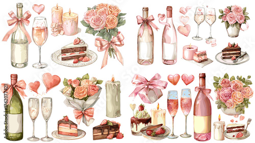 Romantic watercolor set of wine bottles, glasses, cakes, and roses with hearts and ribbons — perfect for Valentine’s Day, wedding invitations, and romantic celebration design.