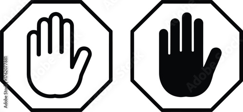 Octagonal signs displaying hand gestures stop and halt silhouette.