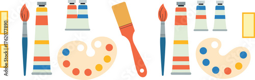 Art supplies symmetry, colorful paint tubes, painter palette, creative tools, brushes and spatula, artistic background, education design, hobby illustration, craft concept, vibrant composition