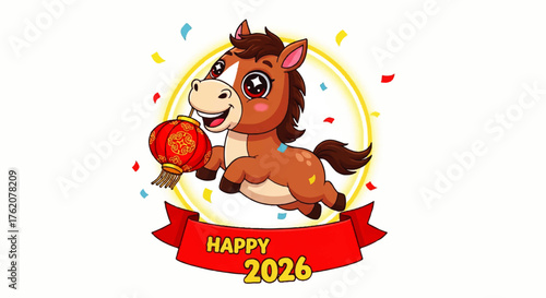 Adorable cartoon horse celebrating the Chinese Lunar New Year 2026, the Year of the Horse, holding a traditional red lantern