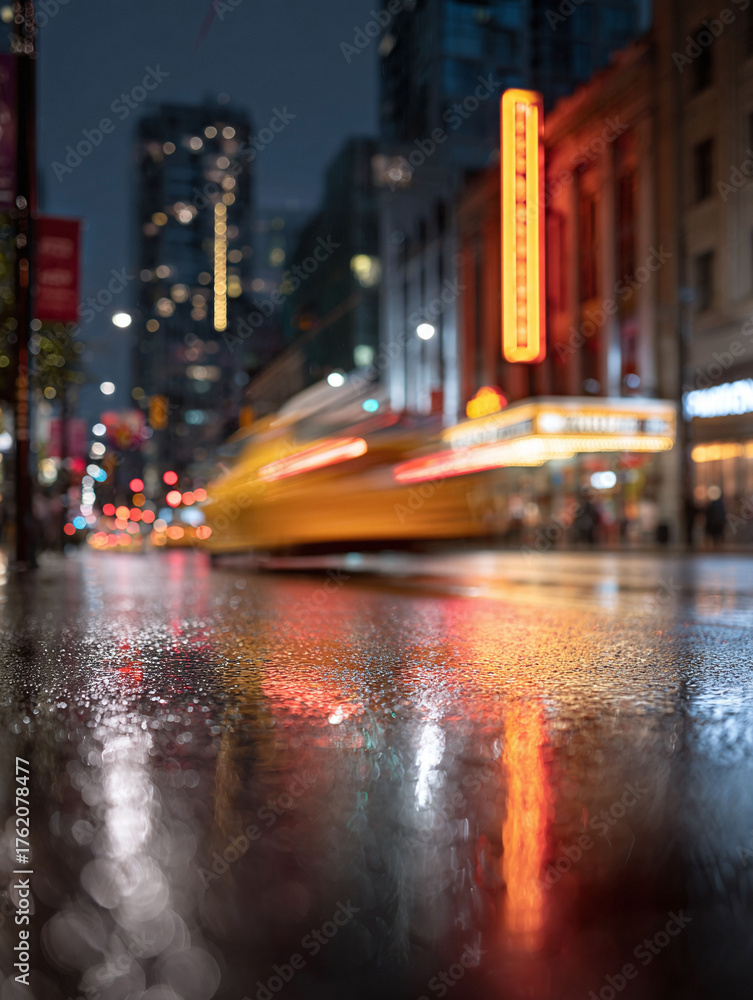 Obraz premium Urban abstract capturing the city at night. Rain slicked streets reflect vibrant neon lights and blurred motion, evoking energy modern life. Great for backgrounds.