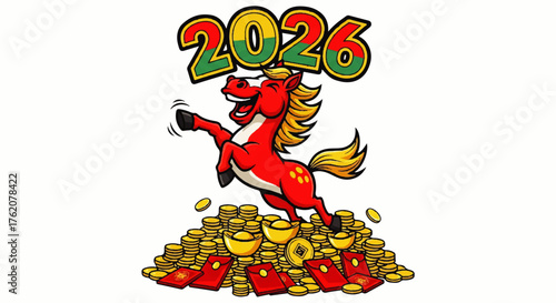 2026 Chinese New Year Celebration Year of the Horse, Zodiac Animal, Festive Gold Coins and Red Envelopes Illustration