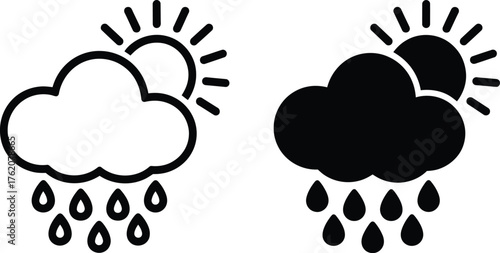 Cloud with raindrops and sun shown in positive and negative silhouette.
