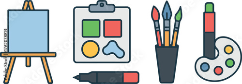 art supplies, painting tools, creative illustration, cartoon style, easel with canvas, artist palette, colorful brushes, marker pen, clipboard swatches, drawing equipment, design objects,