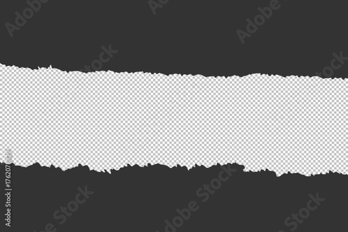Torn paper edge and ripped paper strip border on transparent background. Dark grey horizontal frame with rough and ragged edges. Vector illustration