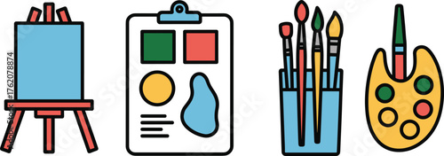 Cartoon art supplies illustration, easel with canvas, artist palette with paint, paintbrush set in container, clipboard with shapes, creative drawing painting tools