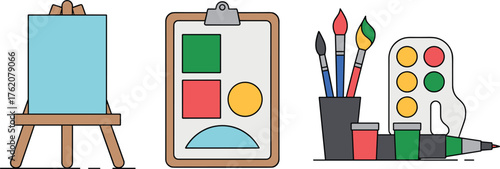 Art supplies easel with blank canvas, clipboard with colorful geometric shapes, paintbrushes in cup, paint palette, containers, creative tools for painting drawing design illustration