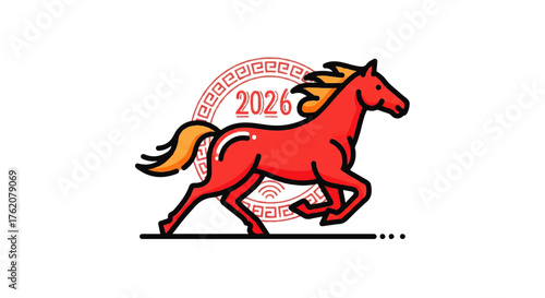 Illustration of a running red horse, a symbol of the Chinese zodiac for the new year 2026. Vector icon for lunar new year celebrations