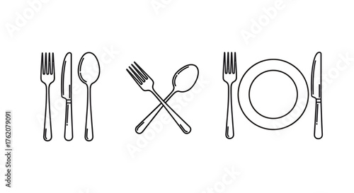 Vector icon set of spoon, knife, and fork. Isolated on a white background. 