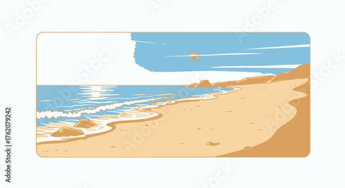 Retro Beach Landscape Illustration with Sea Sky and Sand