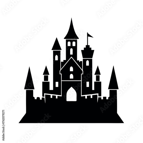Fairytale Castle Silhouette Vector. Medieval Fantasy Fortress Icon.