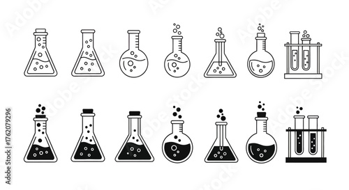 Vector icon set of chemical glass bottles, scientists. Isolated on a white background.