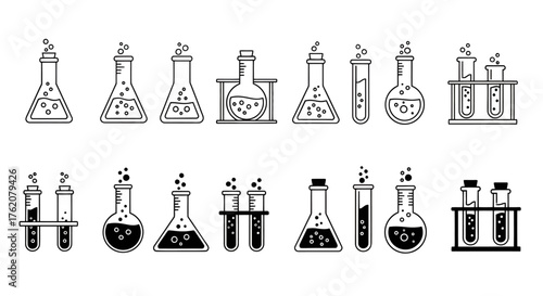 Vector icon set of chemical glass bottles, scientists. Isolated on a white background.
