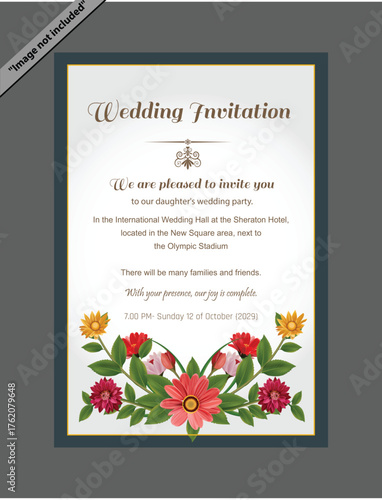 Wonderful wedding invitation card template design vector inlaid with realistic flowers on blue white background