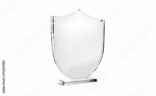 Blank shield glass award with transparent stand mockup, ai generated