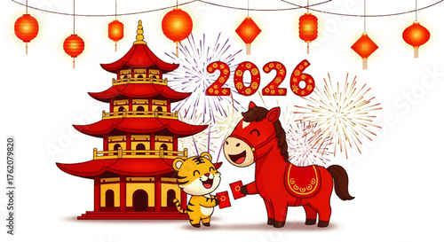 Joyful Chinese New Year 2026 friendly tiger gives red envelope to happy horse, with pagoda, lanterns, and fireworks