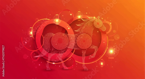 Traditional Chinese New Year decoration featuring a stylized horse silhouette with auspicious coins and lanterns, symbolizing prosperity and good fortune for the year ahead
