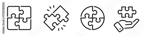 Puzzle pieces icon set. Puzzle jigsaw outline icons on white background - stock vector.