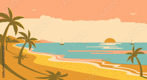 Retro Tropical Paradise Seascape with Palm Trees and Ocean View