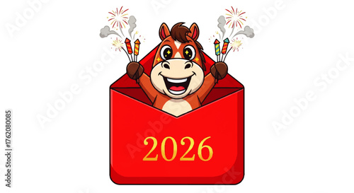 Adorable Horse Character Emerging from a Red Envelope with Fireworks, Celebrating the Year 2026