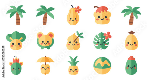Cute Kawaii Tropical Icons Flat Vector Illustration Set
