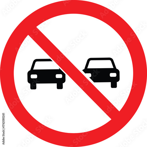 “No Overtaking” Road Sign Illustration – Red Circular Traffic Symbol with Diagonal Line and Two Cars for Driving Safety, Regulation, or Educational Use