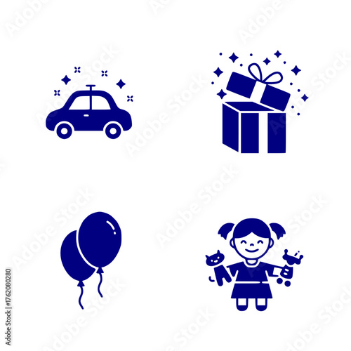 Celebration icons including car, gift, balloons, and girl with toys - minimalistic vector 