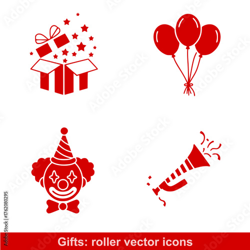 Holiday and clowns in the red vector : Red party icons including gifts, balloons, and clown image  
