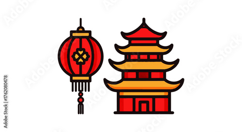 Chinese Lantern and Pagoda Illustration Celebrate Tradition & Culture in Red and Gold