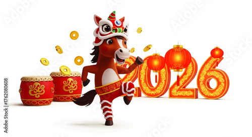 Vibrant 2026 Chinese New Year celebration featuring a joyful horse character performing a lion dance with traditional lanterns and golden coins, symbolizing prosperity
