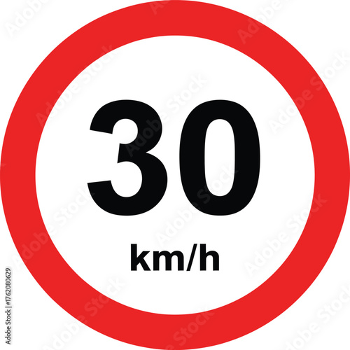 Circular Speed Limit Sign – Red and White Road Symbol with “30 km/h” Text for Traffic Safety, Residential Zones, or Driving Education Materials