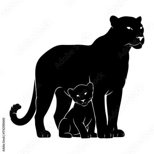 Black panther mother and cub silhouette animal wildlife