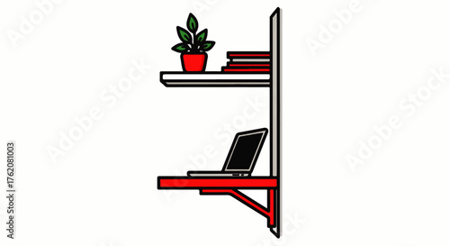 Home Office Setup with Shelves, Laptop, and Plant