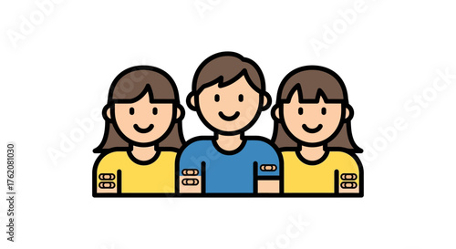 Three vaccinated people smiling showing their arm band-aids promoting public health and vaccine awareness ideal for health campaigns and vaccine drives.