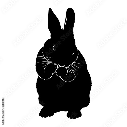 Black rabbit silhouette with paws near face bunny white background