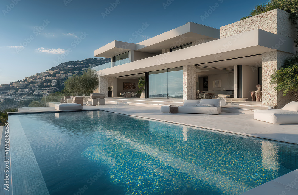 Fototapeta premium Exquisite modern villa with a luxurious infinity pool and stunning panoramic views, embodying sophisticated design and serene outdoor living by the coast