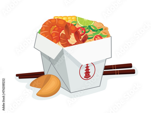Chinese noodles in a take out box with fortune cookie and chopsticks vector illustration. Chinese food takeaway box with noodles and shrimps icon isolated on a white background. Asian food box drawing