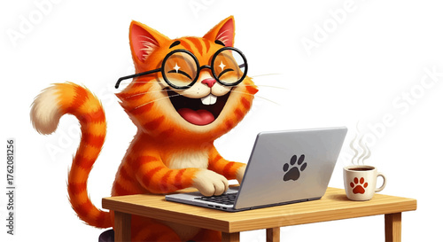 An enthusiastic cartoon ginger cat with glasses happily working on a laptop, symbolizing a joyful home office or freelance lifestyle