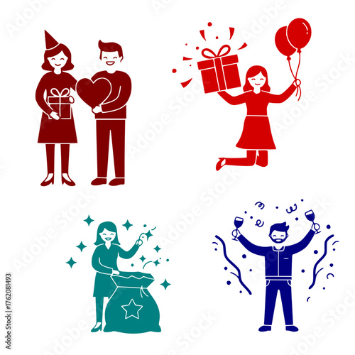 Flying with happiness or drinking with joy - vector celebration scenes : Celebrating joy with gifts, balloons, and confetti in colorful design  