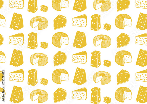 Cheese Illustration Pattern with Printmaking and Rubber Stamp Aesthetics