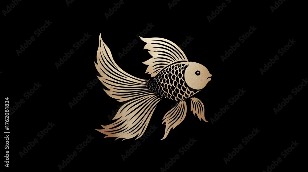 Obraz premium Golden fish logo with metallic shine on dark background. Concept: Luxury logo design, aquatic symbolism, prosperity and balance, modern premium brand identity, and creative elegance.