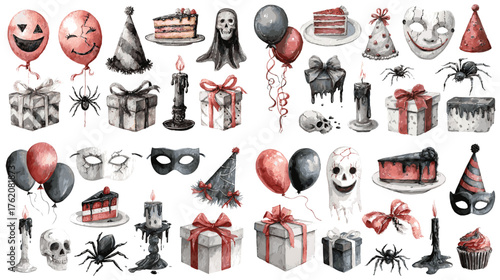 Creepy watercolor illustration of Halloween party elements — balloons, gifts, cakes, masks, and spiders in black and red tones — perfect for spooky design and decor.