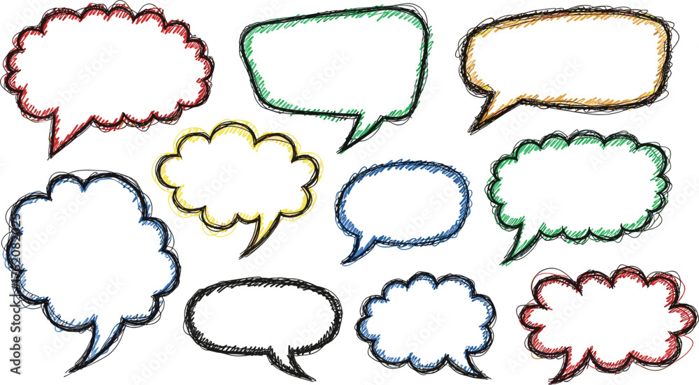 Obraz premium Hand Drawn Line Art Crayon Speech Bubble Sketch Set – Childlike Doodle Collection.