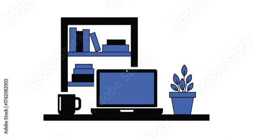 Home office desk setup with laptop, books, coffee mug, and potted plant on a shelf