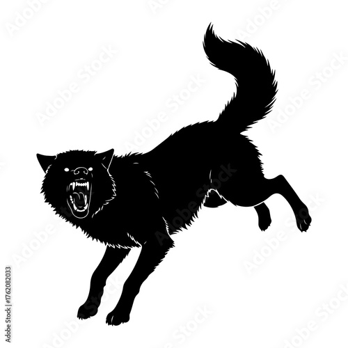 Black wolf snarling mid leap leaping aggressive