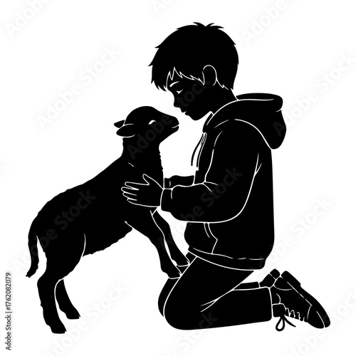 Boy and lamb embrace silhouette black and white