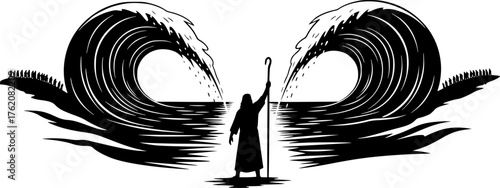 Black Vector Silhouette: Moses Parting the Red Sea A dramatic black vector silhouette depicting Moses standing on a shore with his staff raised, facing the sea,