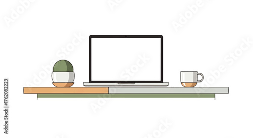 Modern minimalist desk setup featuring a laptop, potted plant, and coffee mug on a shelf, perfect for home office inspiration